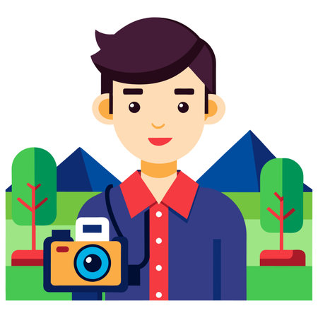 Photographer with camera on the nature background. Flat style vector illustration.のイラスト素材