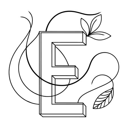 E letter with leaves for coloring. Vector illustration on white background.のイラスト素材