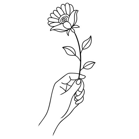 Continuous one simple single abstract line drawing of hand holding flower icon in silhouette on a white background. Linear stylized.のイラスト素材