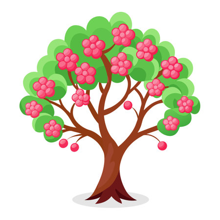 Cartoon tree with pink berries. Vector illustration isolated on white background.のイラスト素材