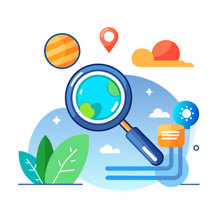 Search engine optimization flat vector illustration. Magnifying glass with map and location icons.のイラスト素材