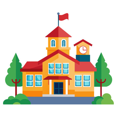 School building with clock and flag. Vector illustration in flat style.のイラスト素材