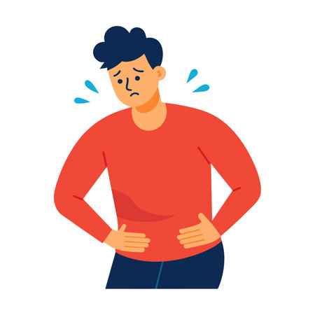 Man suffering from stomach ache. Male character suffering from abdominal pain. Vector illustration in flat styleのイラスト素材