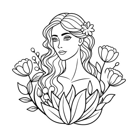 Beautiful girl with flowers in her hair. Coloring page for adults.のイラスト素材