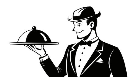 Waiter with a tray of food. Vector illustration in black and whiteのイラスト素材