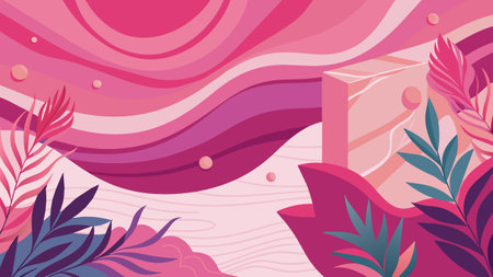 Abstract pink background with tropical leaves and waves. Vector illustration in flat style.のイラスト素材