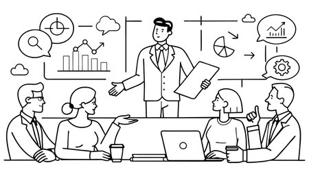 Teamwork and brainstorming concept. Businessmen and businesswomen working together on project planning. Colleagues sitting at table and communicating. Line art vector illustration.のイラスト素材