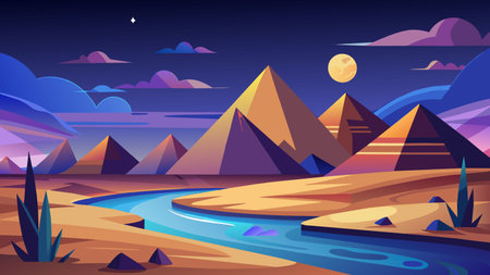 Egyptian pyramids and river at night, vector cartoon illustration.のイラスト素材