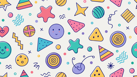Seamless childish pattern with hand drawn doodle elements. Colorful vector background.のイラスト素材