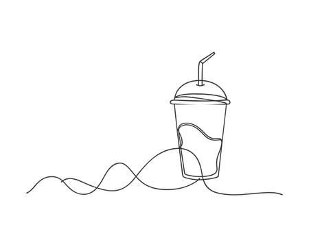 Continuous one line drawing of a cup of coffee with a straw. Vector illustrationのイラスト素材
