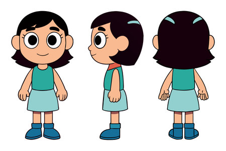 Cute little girl cartoon character vector illustration. Cartoon girl with different facial expressions.のイラスト素材