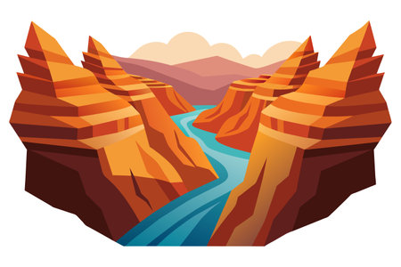 Illustration of a river flowing through the mountains. Vector illustration.のイラスト素材