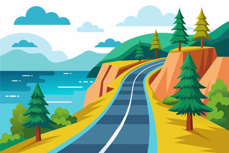 Road in the mountains. Vector illustration in flat style. Summer landscape.のイラスト素材
