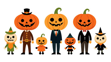 Halloween pumpkins family. Cute cartoon characters. Vector illustration.のイラスト素材