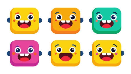 Funny square emoticons with different expressions. Vector illustration in flat styleのイラスト素材