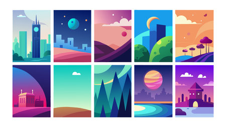 Set of vector illustrations in flat style. Landscape of the night city.のイラスト素材