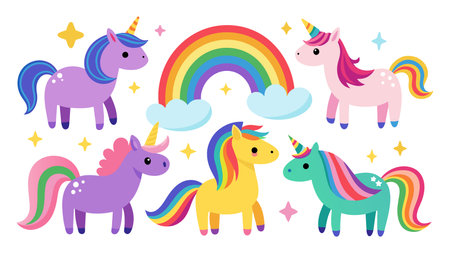 Set of cute unicorns, rainbow and clouds. Vector illustration.のイラスト素材