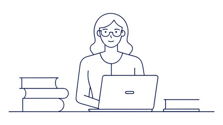 Woman working with laptop and books. Vector illustration in line style.のイラスト素材