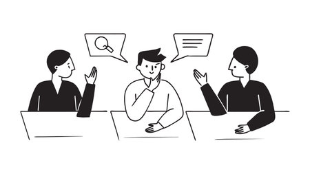 Vector illustration of a group of business people sitting at a table and communicating.のイラスト素材