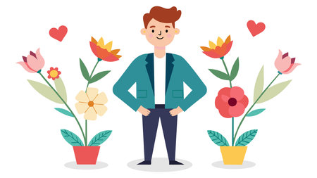 Flower shop concept. Young man with flowers. Flat vector illustrationのイラスト素材