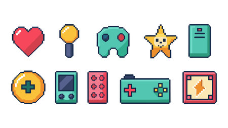set of video game icons on white background vector illustration. pixel art