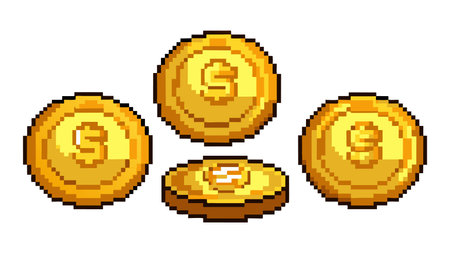 Set of pixelated golden coins. Isolated on white background.のイラスト素材
