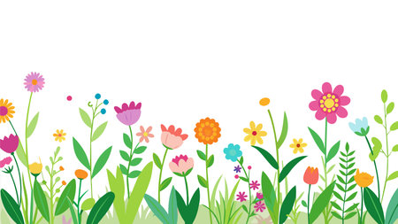 Flowering meadow with flowers and plants. Vector illustration.のイラスト素材