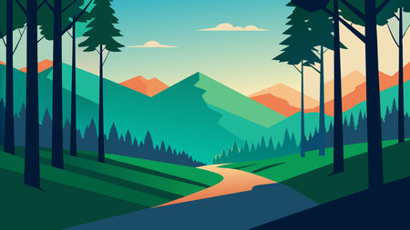 Mountain landscape with road and forest. Vector illustration in flat styleのイラスト素材