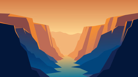 Landscape of the mountains and the river at sunset. Vector illustrationのイラスト素材