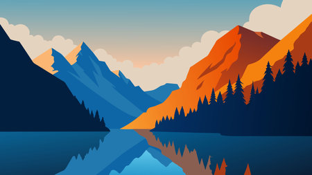 Mountains and lake with reflection in the water. Vector illustration.のイラスト素材