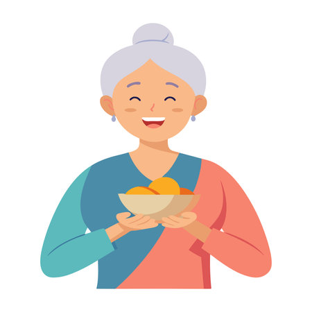 Smiling elderly woman holding bowl with fruits and vegetables. Isolated flat vector illustration.のイラスト素材