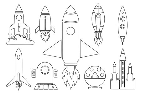 Rocket icons set. Outline illustration of 9 rocket icons for webのイラスト素材