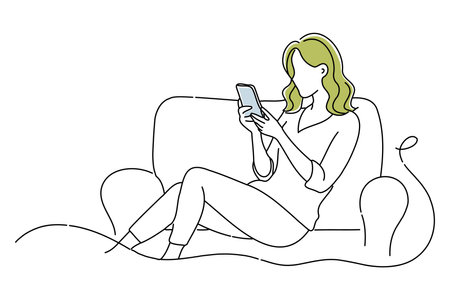 Woman sitting on the sofa and using a smartphone, vector illustration.のイラスト素材
