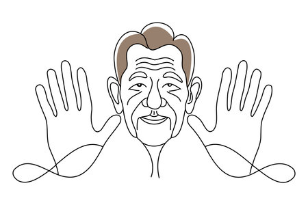 Continuous one simple single abstract line drawing of happy old man face smiling with hands up.のイラスト素材