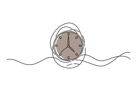 Continuous one simple single abstract line drawing of clock icon on white background. Linear stylized.のイラスト素材