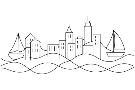 Bay with city continuous line art vector illustration on white backgroundのイラスト素材