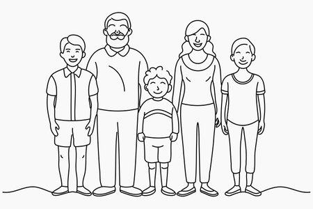 Happy big family standing together flat vector illustration. Grandma, grandpa, mom, dad, children. continuous line art vector illustrationのイラスト素材