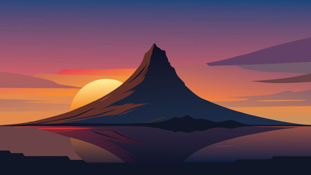 Colorful summer sunset with Kirkjufell Mountain in Grundarfjordur town. Evening scene on the Snaefellsnes peninsula, Iceland, Europe. flat vector illustrationのイラスト素材