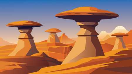 Impressive fungous forms of sandstone in the canyon near Cavusin village, Cappadocia, Nevsehir Province in the Central Anatolia Region of Turkey, flat vector illustrationのイラスト素材