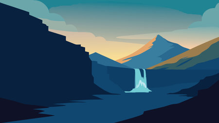 Gorgeous morning scene of Mulafossur Waterfall. Amazinf summer view of Vagar island, Faroe Islands, Denmark, Europe flat vector illustrationのイラスト素材
