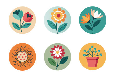 Doodle Flowers   related colorful icon set flat illustration on white backgroundのイラスト素材