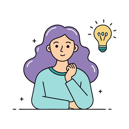 Woman thinking. Light bulb with gears over head, colorful continuous line art vector illustrationのイラスト素材