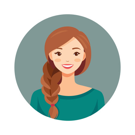 Portrait of smiling young woman in round icon. Vector illustration.のイラスト素材