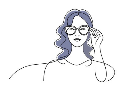 Woman adjusting her glasses on her face doodle continuous line art vector illustration on white backgroundのイラスト素材
