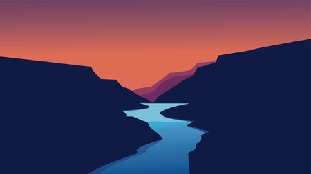 The sun sets over a river and waterfall in Iceland flat vector illustrationのイラスト素材