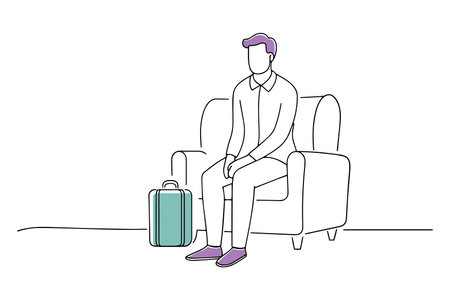 Man sitting in the lobby doodle continuous line art vector illustrationのイラスト素材