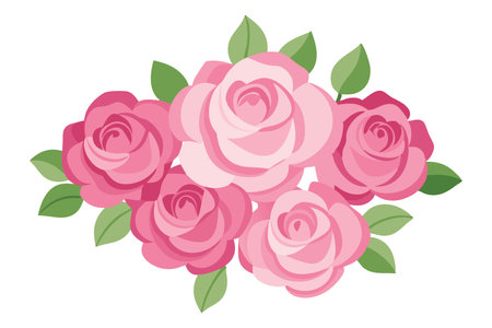 A cluster of delicate pink roses elegantly arranged against a pristine white background, showcasing their soft petals flat vector illustration on white backgroundのイラスト素材