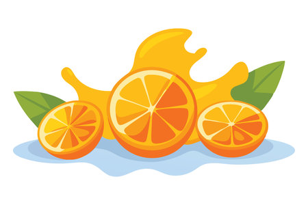Fresh orange slices splashing in water flat vector illustration on white backgroundのイラスト素材