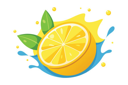 Vibrant lemon slice surrounded by a dynamic splash of water flat vector illustration on white backgroundのイラスト素材