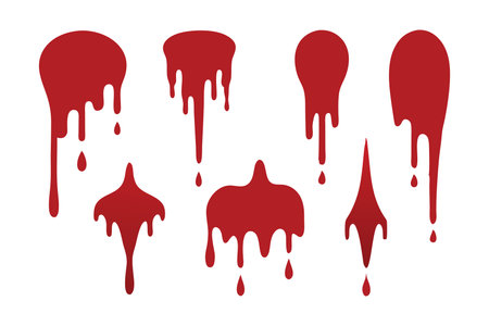 Blood drips from a wall, depicted in a transparent PNG format, creating a striking visual effect Vector illustration set on white backgroundのイラスト素材
